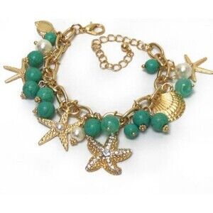 Gold Tone Starfish Seashell Coastal Beach Nautical Charm Bracelet